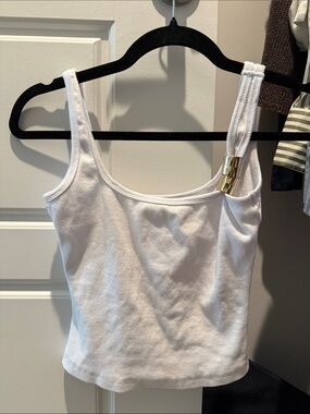 White Ribbed Tank with Gold Strap Accent